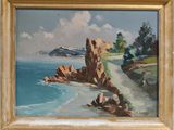 une peinture à l'huile représentant une scène de plage avec des rochers et un plan d'eau