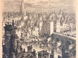 an old drawing of a view of a city with buildings and a bridge