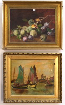 two paintings of boats and fruit on display in a gold frame