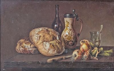 tableau représentant une nature morte composée de pain, d'oignons et d'un pichet