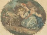a drawing of two children playing with a bird in a cage