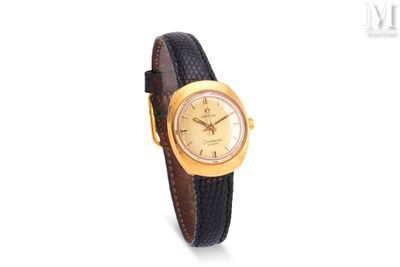 an image of a gold plated wrist watch with a black leather band