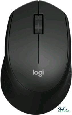 une souris d'ordinateur noire sur laquelle est inscrit le mot « logi »