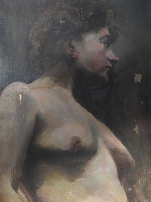 une peinture à l'huile représentant un homme torse nu debout devant un miroir