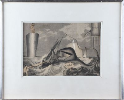 tableau représentant une nature morte avec un bateau, un vase et d'autres objets