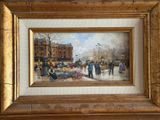 tableau à l'huile encadré représentant une scène de rue animée avec des passants