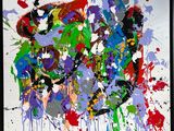 abstract painting of colorful paint splatters on a white background