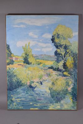 une peinture à l'huile représentant une rivière et des arbres dans un champ