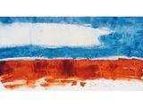 une peinture abstraite représentant un ciel rouge et bleu avec un nuage blanc