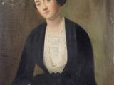 an old painting of a woman in a black dress sitting down