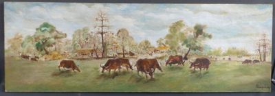 un tableau représentant des vaches paissant dans un champ, avec un moulin à vent en arrière-plan