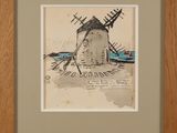 framed drawing of a windmill with a boat in the background