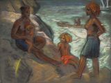 tableau représentant trois personnes sur la plage, avec un enfant au premier plan