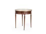 une petite table ronde avec un plateau en marbre et des pieds en bois