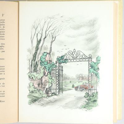 an open book with a drawing of a gate and a car