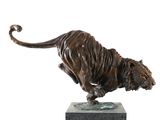 bronze statue of a tiger on a marble base on a white background