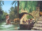 tableau représentant un homme à cheval traversant une rivière près d'un pont en pierre
