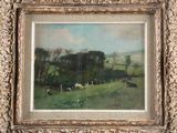 a picture of a painting of cows in a field