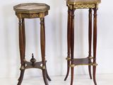 pair of antique side tables with marble top and wooden legs