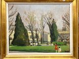 a painting of a woman and a child in a park