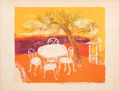 une image représentant un dessin d'une table et de chaises, avec un arbre en arrière-plan