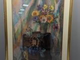 peinture d'un vase de fleurs sur une table devant une fenêtre