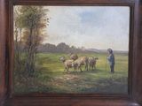 a painting of a man standing in a field with a herd of sheep