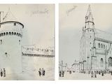 two pictures of a drawing of a castle with a clock tower