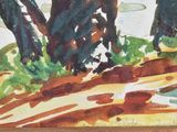 a picture of a painting of some trees in a field