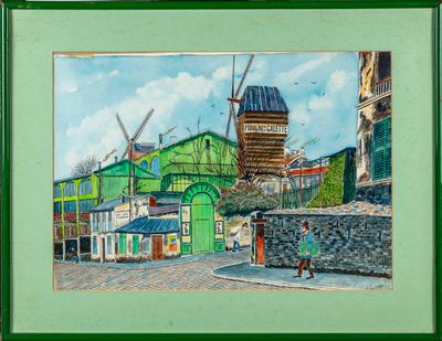 tableau représentant un bâtiment écologique avec un moulin à vent en arrière-plan