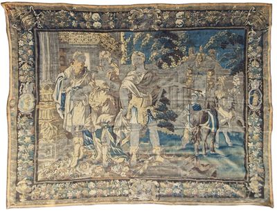 une image représentant une tapisserie sur laquelle figure un groupe de personnes dans un jardin