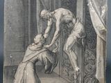 an image of a drawing of a man being taken out of a doorway