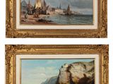 deux tableaux représentant des bateaux sur l'eau, près d'un rivage rocheux