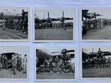 several black and white photos of a group of men standing in front of an airplane