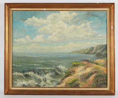 une peinture à l'huile représentant une vue de l'océan depuis une falaise