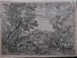 an old drawing of a landscape with a river and trees