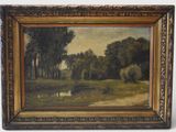 an oil painting of a landscape with trees and a pond
