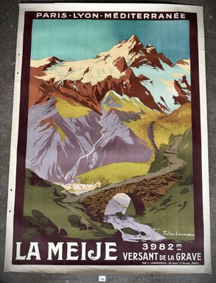 an image of a poster of a mountain scene with a person in the foreground