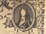 an old picture of a woman in a wreath with a ribbon around her neck