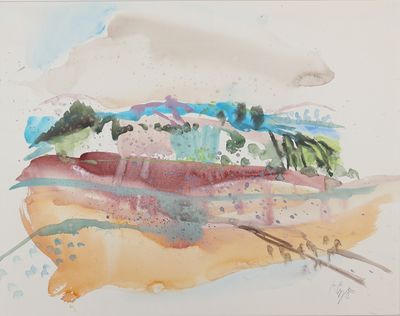 une aquarelle représentant un paysage avec des montagnes en arrière-plan