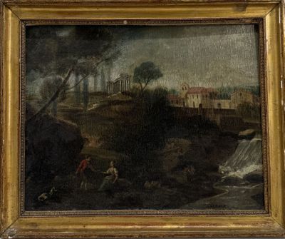 painting of a landscape with a river and a village in the distance