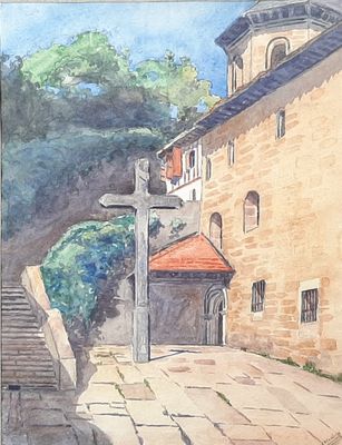 a painting of a building with a cross on the side of it