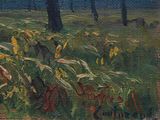 a painting of a field with trees in the background