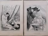 an old book with two illustrations of a man and a woman