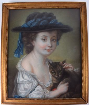 tableau représentant une femme coiffée d'un chapeau bleu tenant un chat