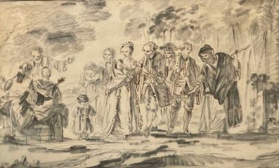 an old drawing of a group of people standing in front of a fire