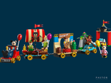 a toy train that has a lot of people on it