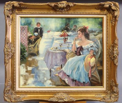 painting of a woman in a blue dress sitting at a table with a man in a tuxedo