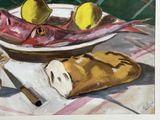 a painting of a bowl of fish and lemons on a table