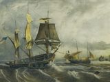 painting of a ship in rough water with other ships in the background